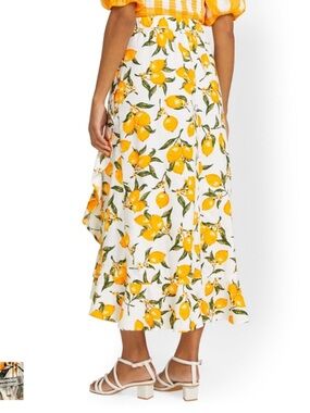 New York & Company White Lemon-Print Ruffle Skirt